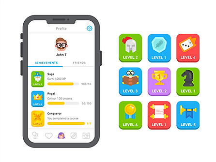 Screenshot of Duolingo app interface displaying its gamified learning experience, featuring progress tracking, reward systems, and engaging graphics. This is a prime representation of design being utilized to stimulate user engagement and behavior change.
