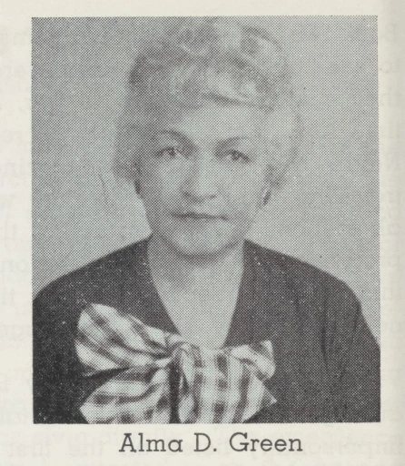A black-and-white portrait photograph of Alma D. Green, shown from the shoulders up, with her name printed beneath the image.