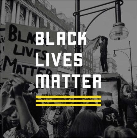 White text that says “Black Lives Matter,” with three yellow underlines, set in front of protesters.