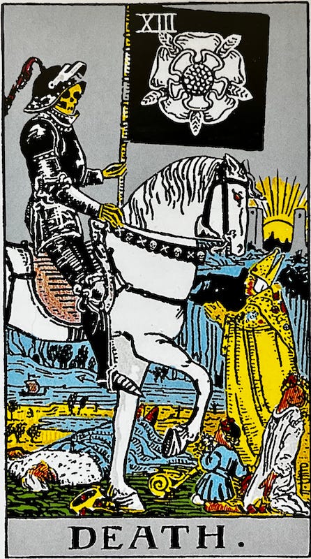 Death — The figure of Death rides into to a village, a King is dead on the ground, priest pleads with him. A child turns her head while another stares at Death. The sun is seen setting in the distance.