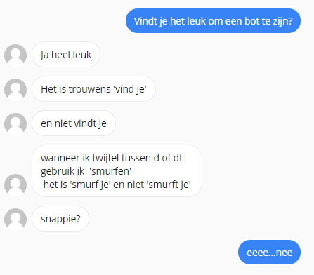 Voorbeelddialoog 2. Mogelijke reactie van een chatbot op de vraag met grammaticafout.