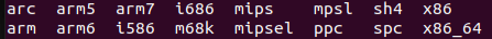 The following files are listed in the terminal: arc; arm; arm5; arm6; arm7; i586; i686; m68k; mips; mipsel; mpsl; ppc; sh4; spc; x86; x86_64