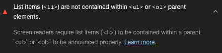 Screenshot of test. “List items (<li>) are not contained within <ul> or <ol> parent elements.”