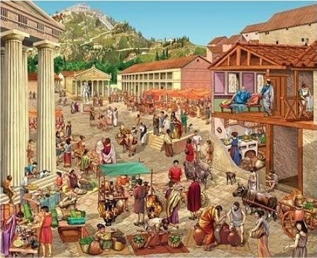 Picture of an ancient greek public square that has a market and is close to a court and a temple. It is crowded with people.