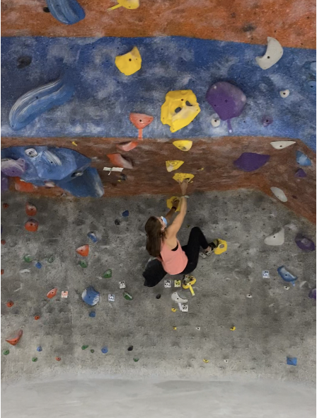 Megan McCurry scales a rock-climbing wall at a bouldering gym.