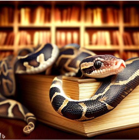 Imagem digital de uma cobra, na cor preta e amarela, em cima de um livro, na frente de uma estante de livros.