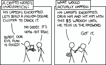 Comic illustrating the weakest element in cryptography is whoever you can beat with a stick until they tell you the password