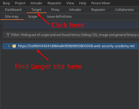 Screenshot of Burp showing where ‘Target’ tab is and where to find our target site.