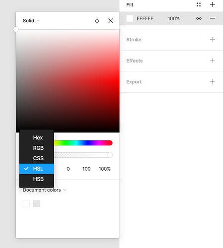 La imagen muestra la forma de cambiar el modelo de color en Figma.