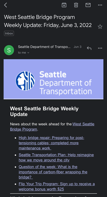 The email table of contents links to detailed information about maintenance work, a call for feedback about a city-wide transportation plan, a question of the week, and a request to sign up for a new program.