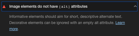 Screenshot of test. “Image elements do not have [alt] attributes. Informative elements should aim for short…”