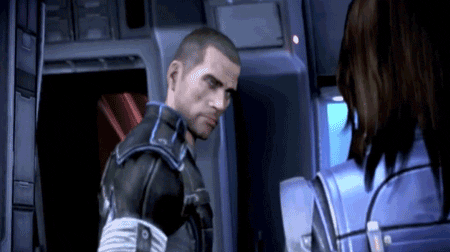 Mass Effect 2’s main character, Commandant Shepard’s head is doing a full spin while he is leaving a room.