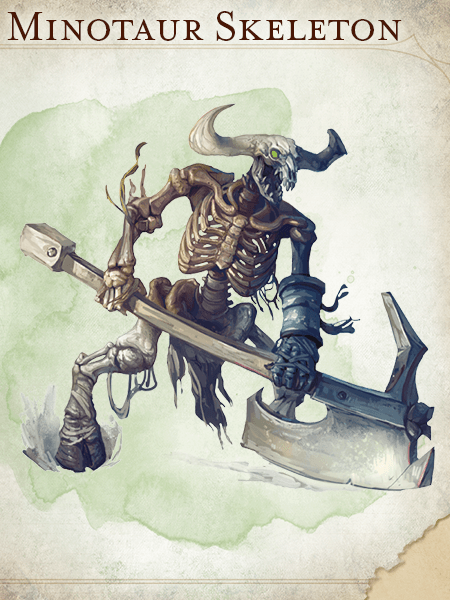 A minotaur skeleton holding a gigantic axe.