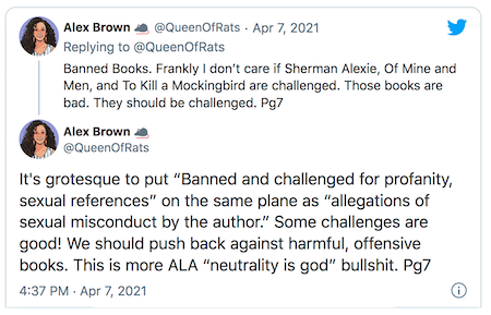 Two tweets which can be read at the link, basically saying ALA’s take on banned books is not great.