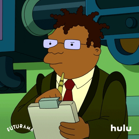 Hermes from the adult cartoon Futurama, clicks his pen and then starts writing determinedly on a clipboard.