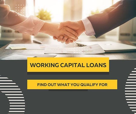 Business Man and Business Woman Shaking Hands Over a Desk with the Words: Working Capital Loans — Find Out What You Qualify For