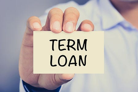 Close-up picture of a man’s hand holding up a card that has, Term Loan, written on it