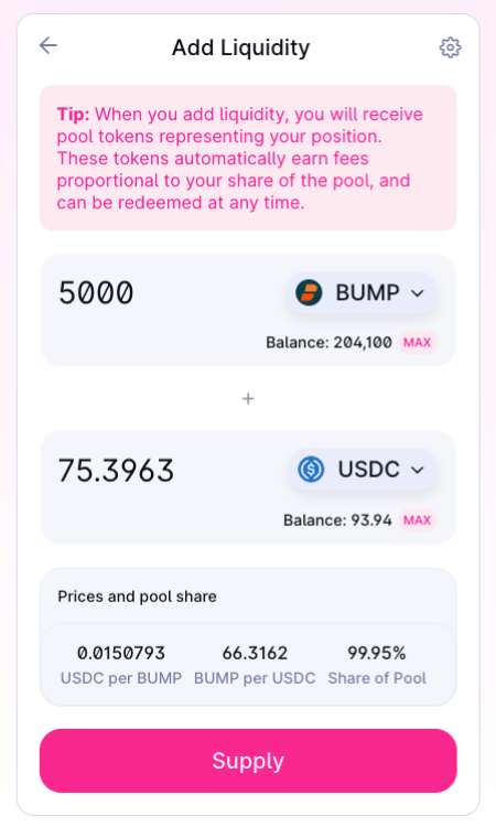 Provide liquidity on Uniswap v2 DEX for BUMP and USDC tokens