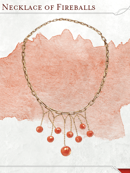 A gold necklace of fireballs with eight red beads.
