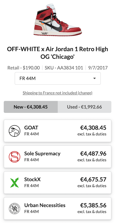 Off-White x Air Jordan 1 price comparison in French size units and euros