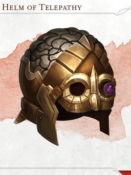 A magical helm, with a brain-like top and a purple eye-piece.