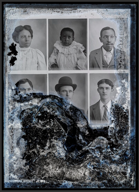 photographic contact sheet which would be showing nine portraits but three are obscured by some sort of degradation. The images are of Black and White people, older and younger.