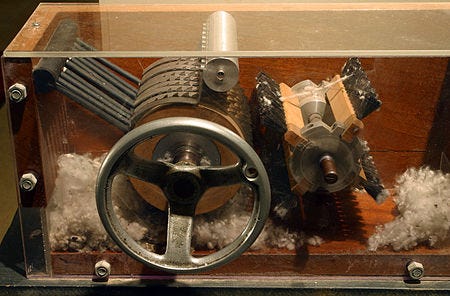 A cotton gin model on display at the at the Eli Whitney Museum in Hamden, Connecticut. Source: https://en.wikipedia.org/wiki/Cotton_gin