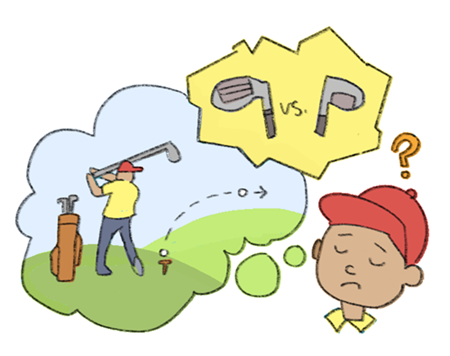 An illustration of a person debating between two different golf clubs.