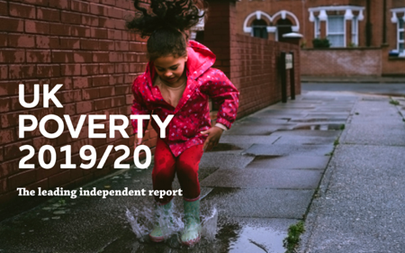 Young girl in pink coat jumps in puddle with text overlay reading ‘UK Poverty 2019/20, the leading independent report.’