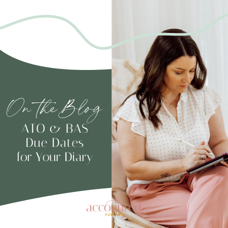 Lisa Turner, Small Business Bookkeeper, sitting on a couch, writing in a notebook. The image has text that reads: ‘On the Blog: ATO & BAS Due Dates for Your Diary.’ The background includes a green wave design and the logo ‘Accounted for You