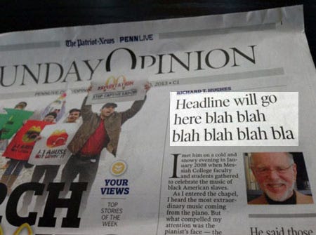 The headline of a newspaper reads “Headline will go here blah blah blah blah bla”