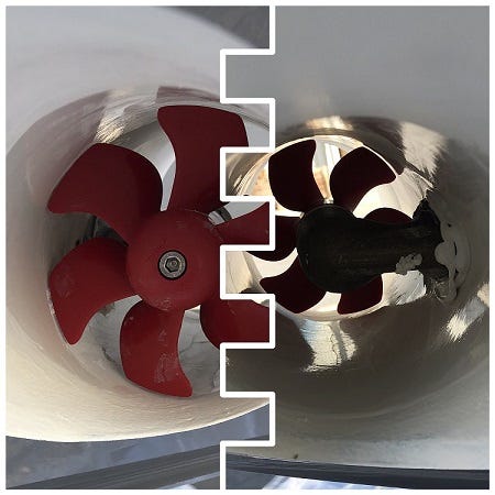 two photos of a bow thruster tunnel port and starboard