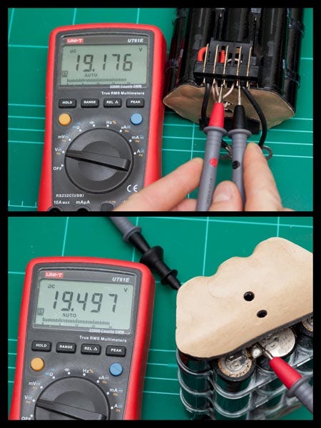 Voltages measured from negative to midpoint of battery, and from midpoint to positive