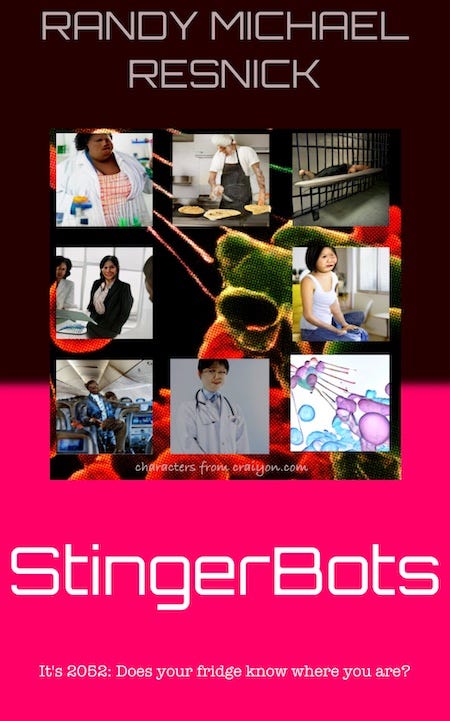 Stingerbots cover with the characters and text “It’s 2052: Does your fridf-ge know where you are?”