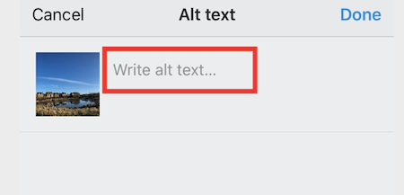 Screenshot of Instagram’s page for entering alt text when uploading an image.