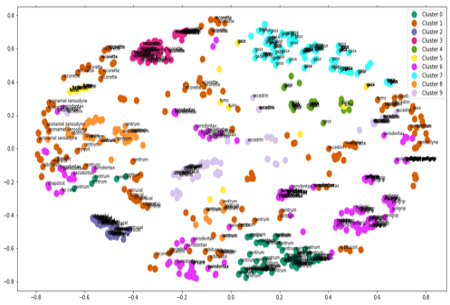 A schematic showing groups of coloured datapoints for different clusters of brands.