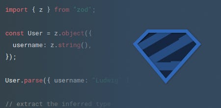 Exemplo de código na linguagem TypeScript posicionado a esquerda mostrando a utilização da biblioteca Zod, com a importação da biblioteca e a criação do objeto que será o schema para validação. Ao lado direito um diamante azul simbolizando a logo do Zod.