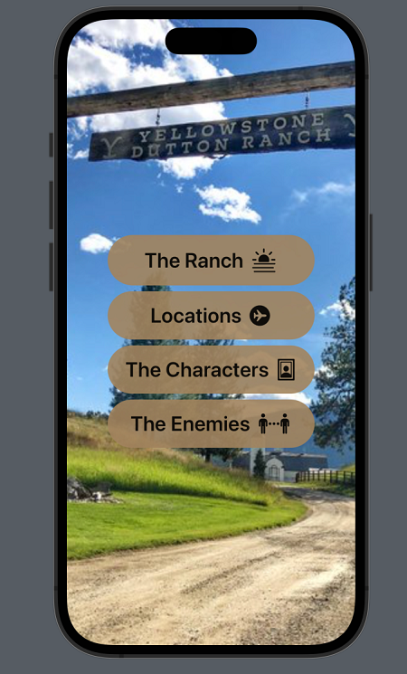 screenshot of a mobile application that shows four buttons that says, the ranch, locations, the characters and the enemies