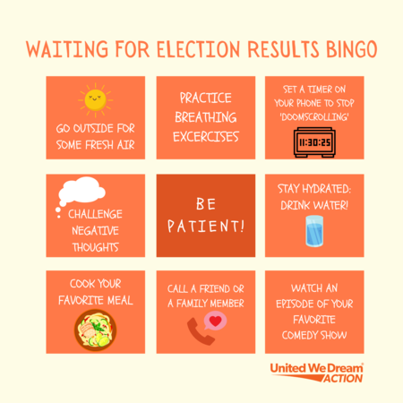 Waiting for Results Bingo: Be patient, challenge negative thoughts, practice breathing excercises, and more