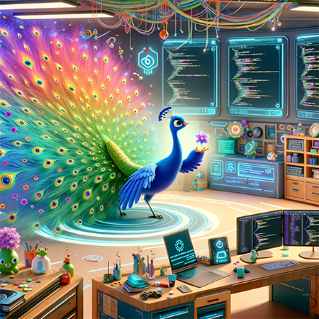 A peacock in a computer room