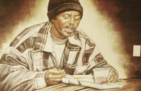 Pastel piece titled: “A man having a pleasant meal” by Roosevelt A. Washington. Roosevelt’s expressive painting only indirectly hints that the man is homeless. Instead, Washington focuses on portraying him simply as a human being quietly enjoying his meal on a park bench. — Street Spirit