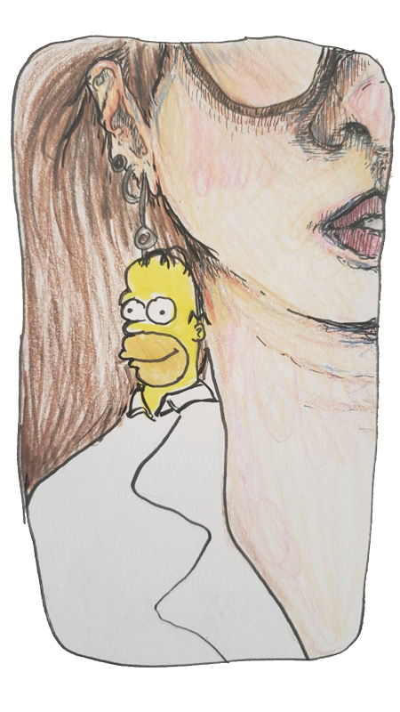 An illustration done by the author featuring a closeup of a Homer Simpson earring hanging from an ear of an obscured face.