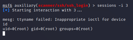 Use the command “sessions -i 3” to interact. The “id” command will give us information about our current session.