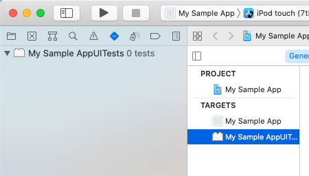 Xcode’s project pane highlighting the UITest target