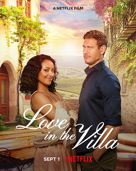 Love in the Villa (2022) Movie Poster with a woman smiling confidently and a man grimacing