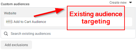 An image showing the existing user base based targeting in Facebook ads to retarget users