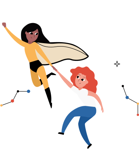 Ilustração de duas mulheres voando, uma dela está guiando a outra e está vestida de super heroína, com uma capa.