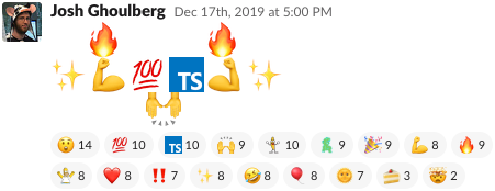Screenshot of a Slack post exclaiming 100% TypeScript using emojis, with many happy emoji reactions.