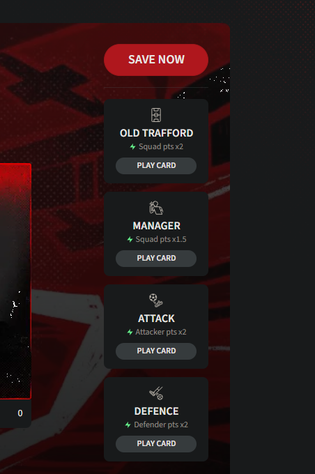 Fantasy United sidebar showing Old Trafford ×2, Manager ×1.5, Attack ×2, Defence ×2 “Play Card” buttons.