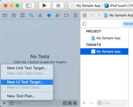 Xcode’s test navigator displaying the quick add test menu